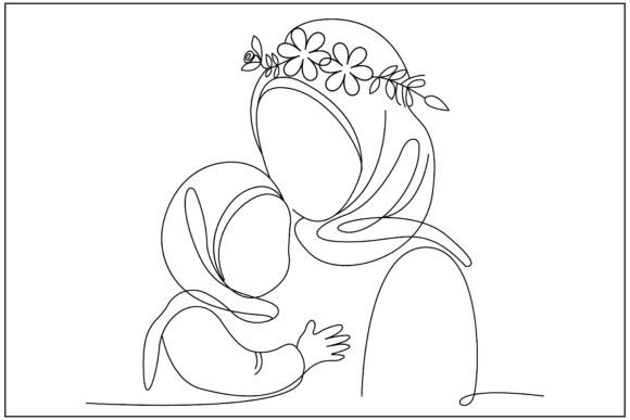 Hijabi Mother Child Floral Line Art Graphics